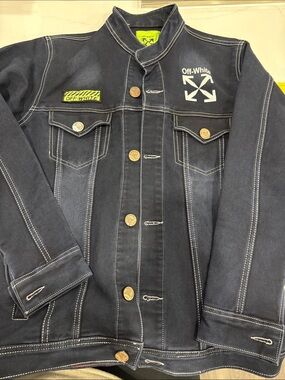 Off-White Men's Denim Jacket with White Logo and Yellow Patch